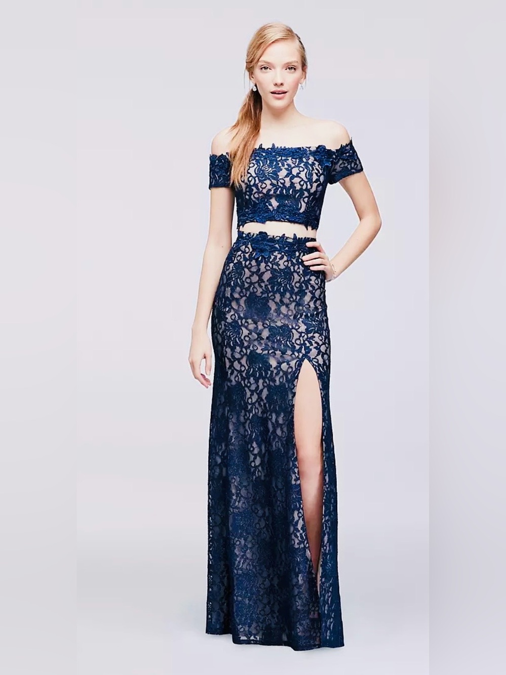 Off-The-Shoulder Lace Two-Piece Navy Blue Dress by Sequin Hearts Sz 3 & Sz 5